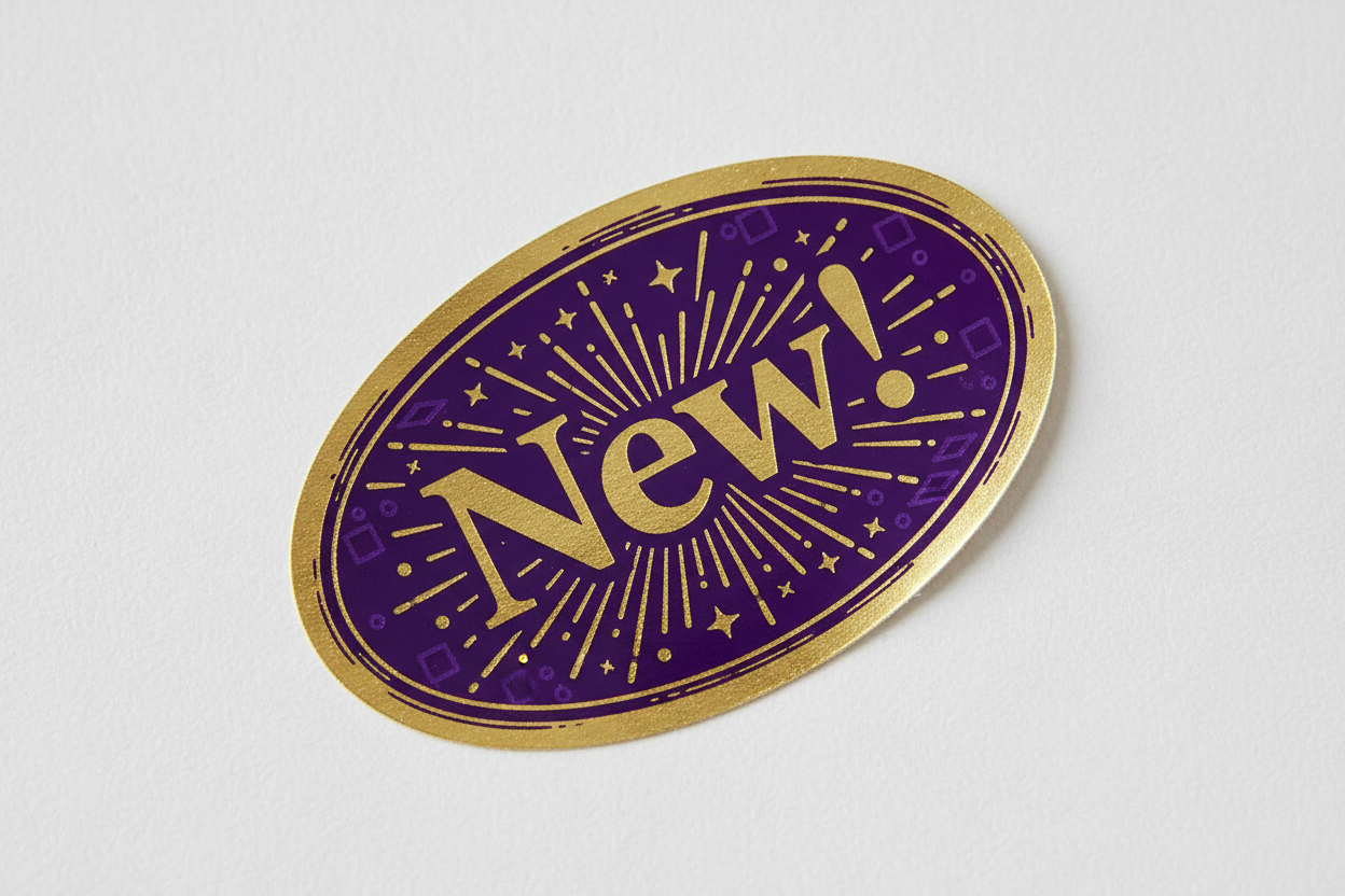 Exciting purple and gold sticker that says New!
